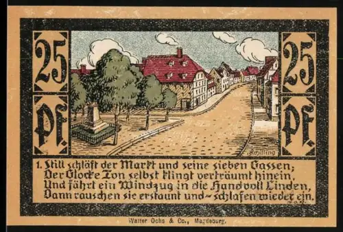 Notgeld Calbe a. d. S., 25 Pfennig, Strassenpartie mit Denkmal, Wappen