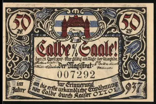 Notgeld Calbe a. d. Saale 1917, 50 Pfennig, Stadttor und historische Figuren, Wappen mit rotem Tor