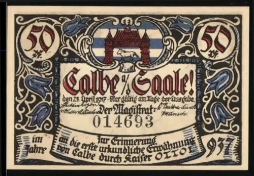 Notgeld Calbe a. d. Saale 1917, 50 Pfennig, Stadttor und Holzfäller an Eiche