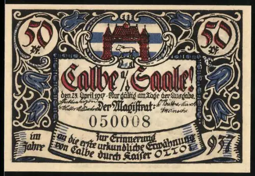 Notgeld Calbe a. d. Saale 1917, 50 Pfennig, Stadtwappen und historische Szene