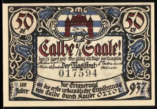 Notgeld Calbe a. d. Saale 1917, 50 Pfennig, Stadttor und Ritterstatue