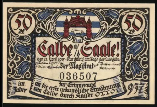 Notgeld Calbe a. d. Saale 1917, 50 Pfennig, Stadtwappen und Ritterszene in Taverne