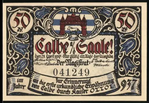 Notgeld Calbe a. d. Saale 1917, 50 Pfennig, Nachtwächter, Vollmond und Stadtwappen