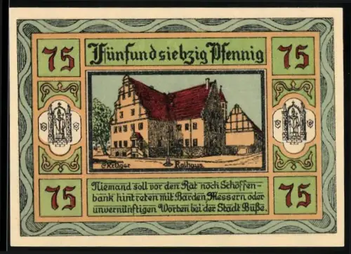 Notgeld Aken /Elbe 1921, 75 Pfennig, Rathaus und Wappen mit Stadtmauer und Türmen