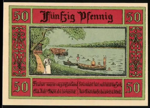 Notgeld Aken /Elbe 1921, 50 Pfennig, Badende am Elbeufer und Stadtwappen