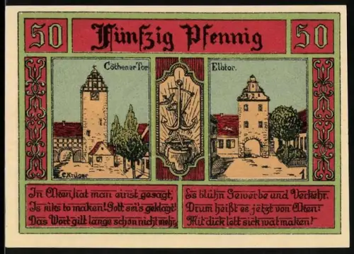 Notgeld Aken /Elbe 1921, 50 Pfennig, Cöthener Tor und Elbtor mit Stadtwappen