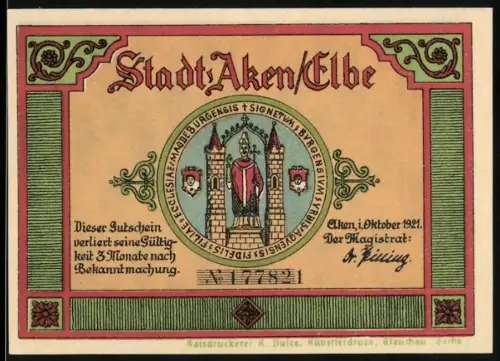 Notgeld Aken /Elbe 1921, 50 Pfennig, Stadtwappen und Biber am Elbufer