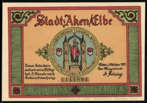 Notgeld Aken /Elbe 1921, 50 Pfennig, Stadtwappen und Barken auf der Elbe
