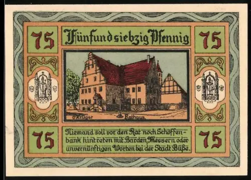 Notgeld Aken /Elbe 1921, 75 Pfennig, Rathaus und Wappen mit Heiligenmotiv
