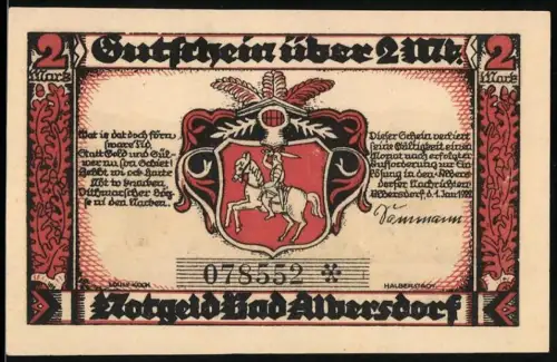 Notgeld Bad Albersdorf 1922, 2 Mark, Reiterwappen und Landschaft mit Kirche und Bäumen