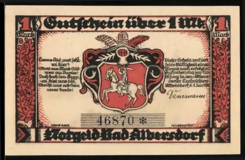 Notgeld Bad Albersdorf 1922, 1 Mark, Wappen mit Reiter und Brückenlandschaft