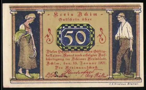 Notgeld Achim 1921, 50 Pfennig, Arbeiter und Landschaft mit Gebäuden