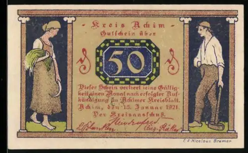 Notgeld Achim 1921, 50 Pfennig, Bauern und Landschaftsmotiv