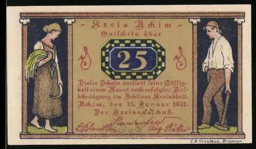 Notgeld Achim 1921, 25 Pfennig, Bauernpaar und Landschaft mit Windmühle und Kühen