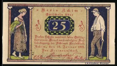 Notgeld Achim 1921, 25 Pfennig, ländliche Szene mit Ort und Windmühle, Mann und Frau in traditioneller Kleidung