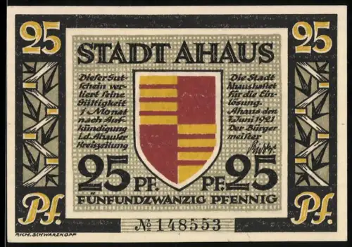 Notgeld Ahaus 1921, 25 Pfennig, Wappen und Standbild des Professors Dr. H. Landois