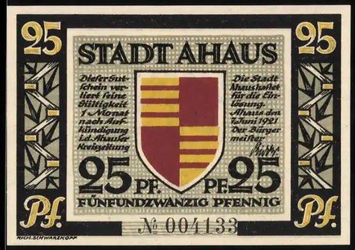 Notgeld Ahaus 1921, 25 Pfennig, Wappen und Standbild des Professors Dr. H. Landois