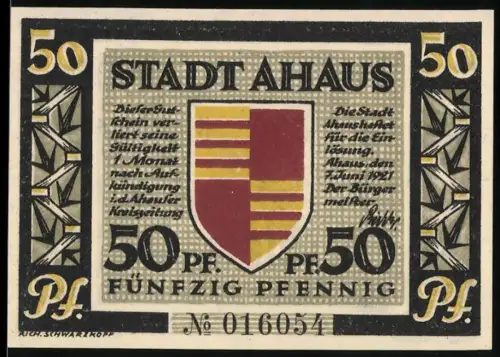Notgeld Ahaus 1921, 50 Pfennig, Wappen und Schloss Ahaus, Stammsitz derr Familie Oldenkott