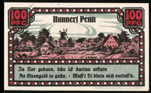 Notgeld Ahrensbök 1920, 100 Pfennig, Landschaft mit Windmühle und Adler im Wald