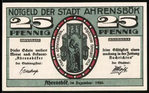 Notgeld Ahrensbök 1920, 25 Pfennig, Stadtwappen und Landschaftsszene mit Gedicht