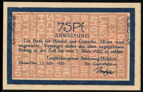 Notgeld Altona /Elbe 1922, 75 Pfennig, Datum 18.4.1864, Erstürmung der Düppeler Schanzen