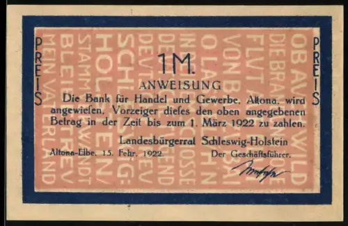 Notgeld Altona /Elbe 1922, 1 Mark, Steilufer an der Elbe und dekoratives Muster