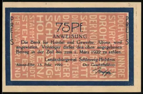 Notgeld Altona /Elbe 1922, 75 Pfennig, Gefechtsszene 9.4.1848, Gefecht bei Bau nahe Flensburg