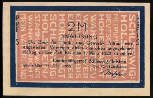 Notgeld Altona /Elbe 1922, 2 Mark, Dichter Matthias Friedrich Chemnitz mit Wappen von Schleswig-Holstein