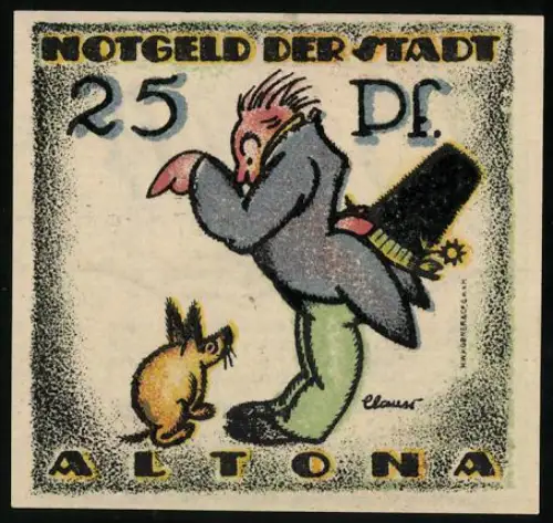 Notgeld Altona 1921, 25 Pfennig, humorvolle Karikatur mit Tier und Mensch, Stadtwappen mit drei Türmen