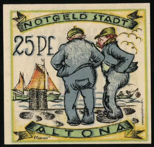 Notgeld Altona 1921, 25 Pfennig, zwei Männer am Hafen, Kirchtürme