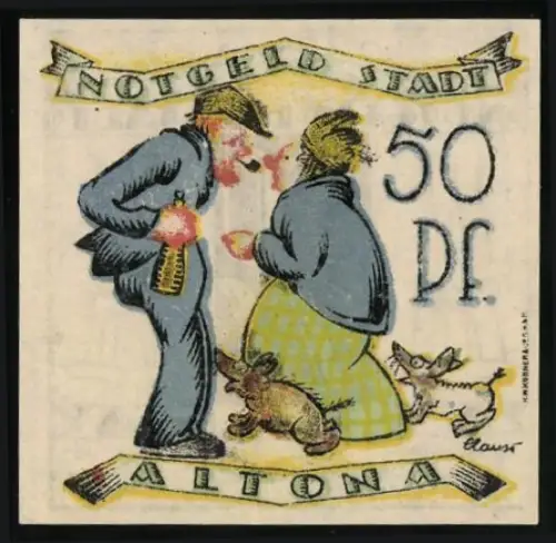 Notgeld Altona 1921, 50 Pfennig, streitendes Paar mit Hunden, drei Kirchtürme