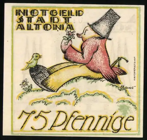 Notgeld Altona 1921, 75 Pfennig, Herr mit Zylinder und Blume und Türme-Motiv