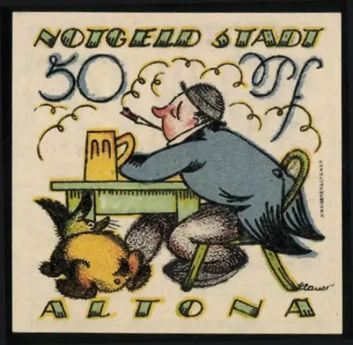 Notgeld Altona 1921, 50 Pfennig, Mann mit Bierkrug und Hund, Wappen mit drei Türmen