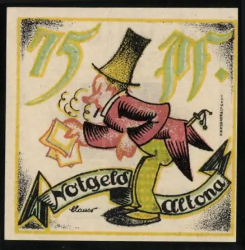 Notgeld Altona 1921, 75 Pfennig, Herr mit Zylinder und Notgeldscheinen, Wappen