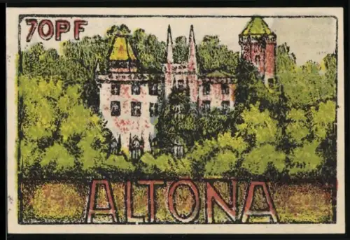 Notgeld Altona 1921, 70 Pfennig, Schloss und Kirchtürme im Wald