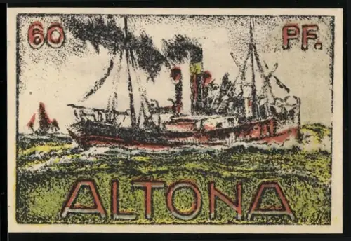 Notgeld Altona 1921, 60 Pfennig, Dampfschiff auf Seeund dreitürmiges Gebäude