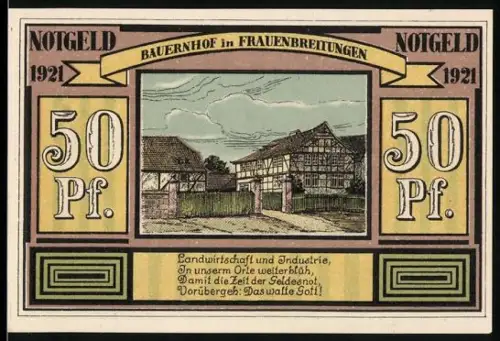 Notgeld Frauenbreitungen 1921, 50 Pfennig, Bauernhof und Industriearbeiter vor Fabrik