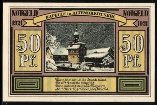 Notgeld Altenbreitungen 1921, 50 Pfennig Kapelle im Schnee und Arbeiter mit Industriehintergrund