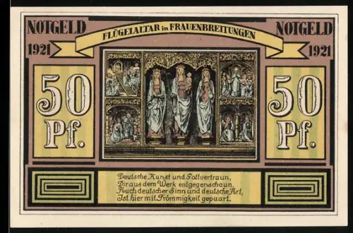 Notgeld Frauenbreitungen 1921, 50 Pfennig, Flügelaltar und Arbeiter in Landschaft
