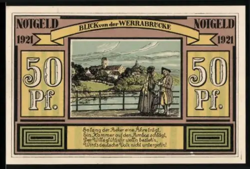 Notgeld Altenbreitungen 1921, 50 Pfennig, Blick von der Werrabrücke, Landarbeiter und Fabrikarbeiter der Metallindustrie