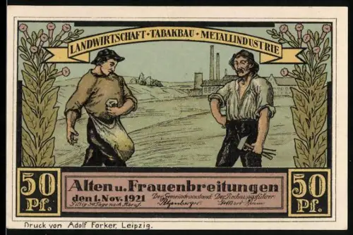 Notgeld Frauenbreitungen 1921, 50 Pfennig, Landmann bei Aussähen, Fabrikarbeiter, Kirche in Frauenbreitungen