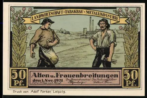 Notgeld Altenbreitungen 1921, 50 Pfennig, Arbeiter und Bauernhof in Altenbreitungen