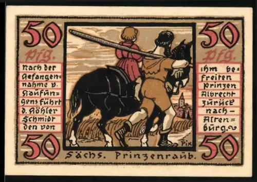 Notgeld Altenburg 1921, 50 Pfennig, Sächsischer Prinzenraub, Burg und Wappen