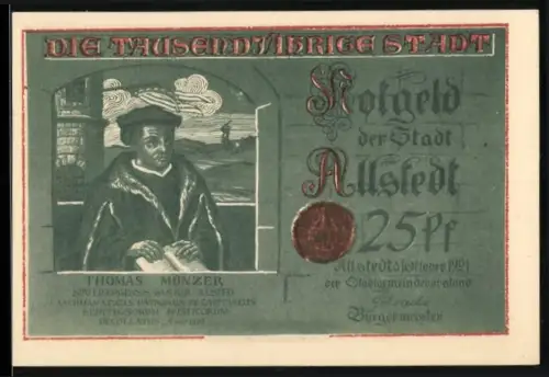 Notgeld Allstedt 1921, 25 Pfennig, Thomas Münzer Porträt und historische Szene mit Kirche und Bauern