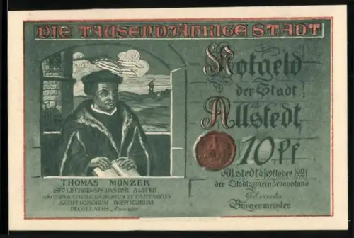 Notgeld Allstedt 1921, 10 Pfennig, Thomas Münzer Porträt und historisches Gefecht im Bauernkrieg