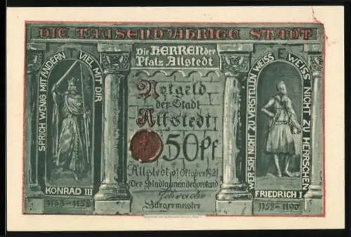 Notgeld Allstedt 1921, 50 Pfennig, Konrad III. und Friedrich I., Rathausansicht von 1538