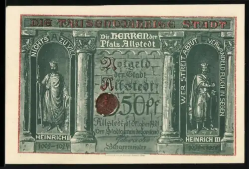 Notgeld Allstedt 1921, 50 Pfennig, Heinrich II. und Heinrich III., Schloss Allstedt