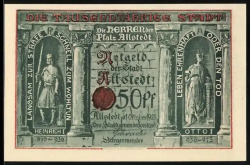 Notgeld Allstedt 1921, 50 Pfennig, Heinrich I. und Otto I., Sachsenburg und Kyffhäuser Schloss