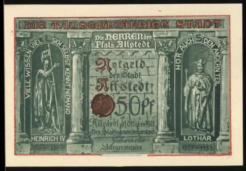 Notgeld Allstedt 1921, 50 Pfennig, Heinrich IV. und Lothar mit Stadtkirche und Wappen