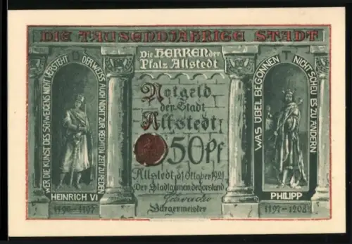 Notgeld Allstedt 1921, 50 Pfennig, Heinrich VI. und Philipp, Rohnetor nach Zeichnung von Gotha